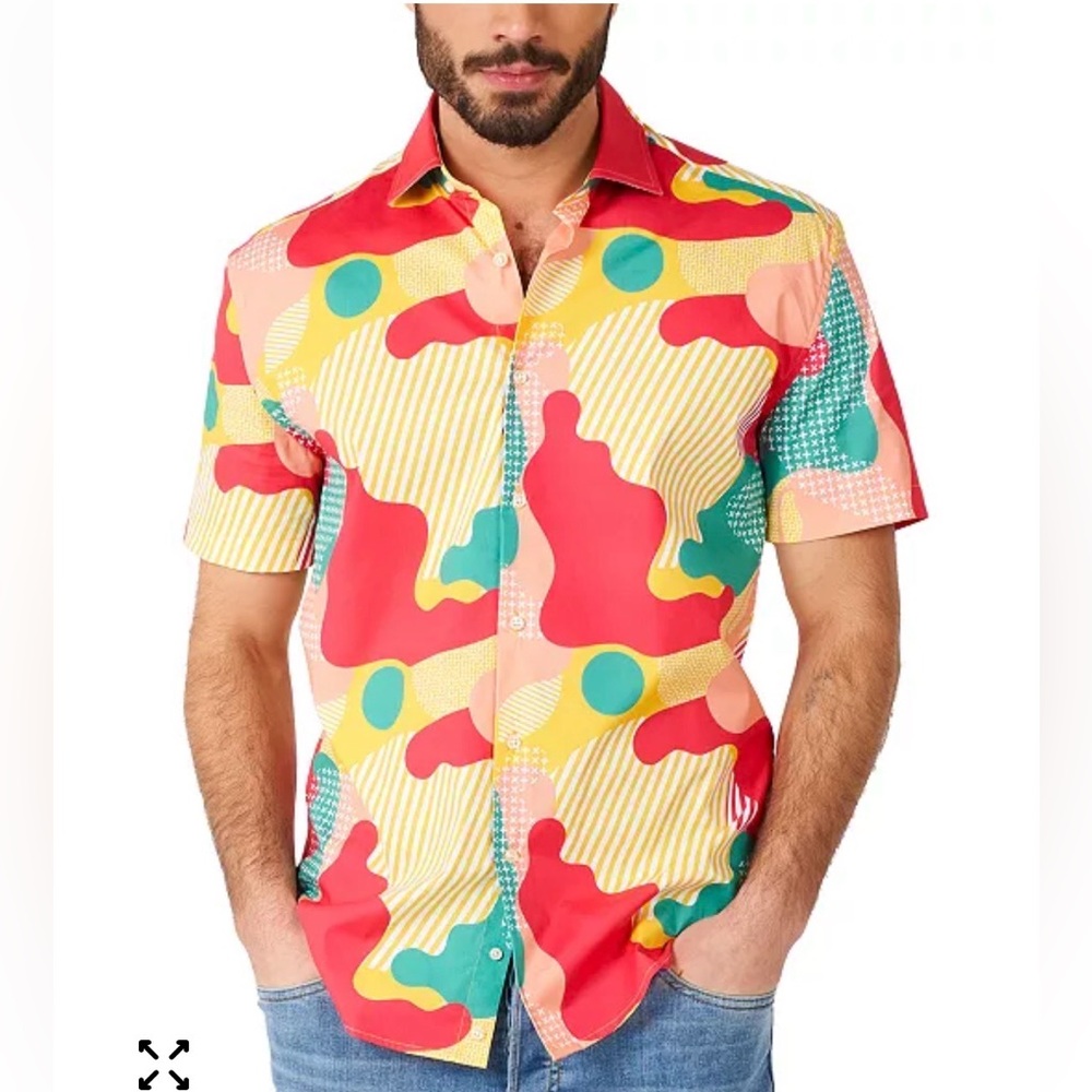 NWT! Oppo Men's Short-Sleeve Button-Down Shirt Coral Camo - L
